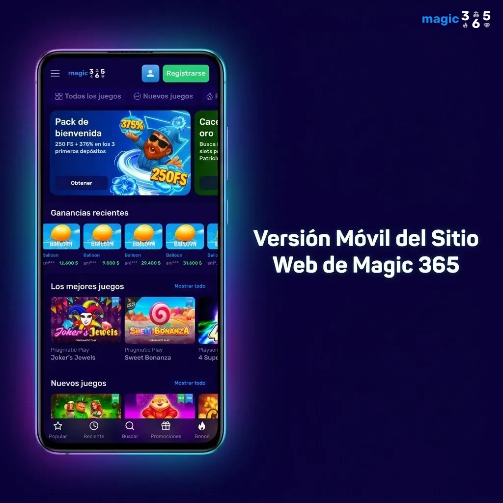 Sitio web móvil de Magic 365 optimizado para smartphones y tablets Android e iOS con apuestas y casino